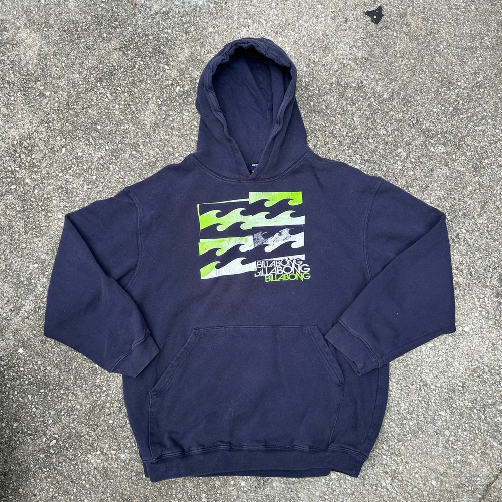 Vtg Billabong Mens Medium Navy Blue Pullover Hoodie Lime Green Wave Graphic Surf